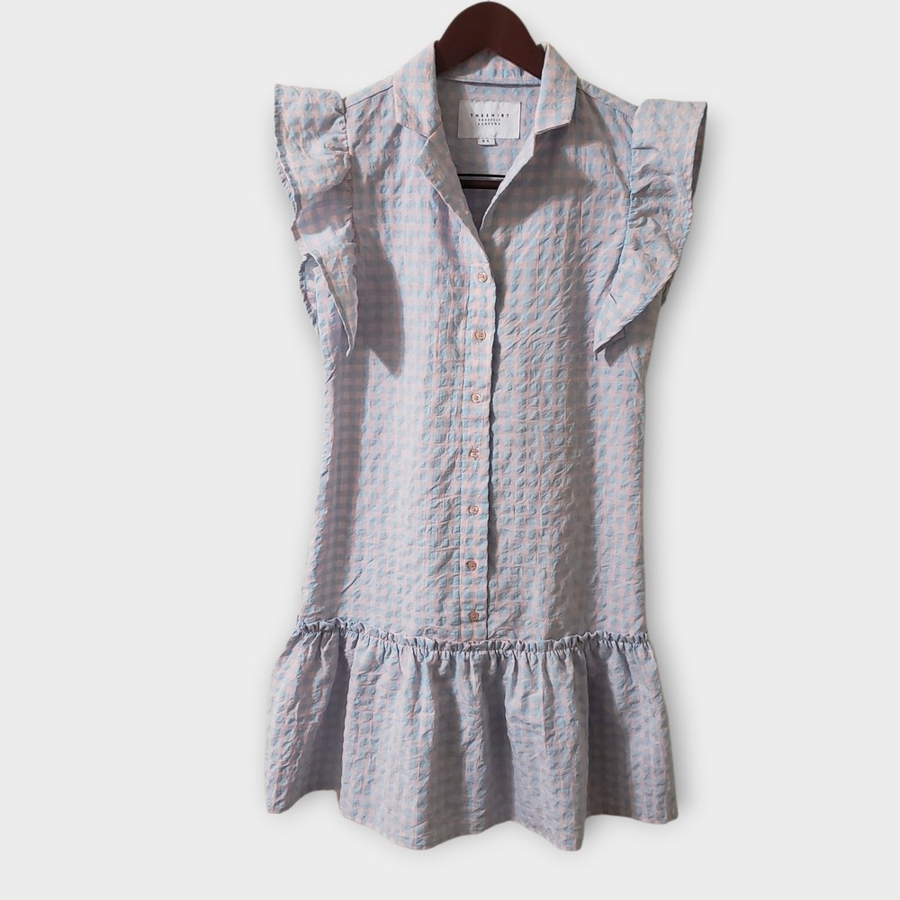 The Shirt Rochelle Behrens Drop Waist Peplum Dress Crinkled Gingham Pink Blue XS